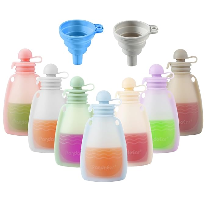 PandaEar Reusable Silicone Baby Food Pouches, 7 Pack Squeeze Pouches for Toddler Kids, BPA-Free Silicone Refillable Baby Food Storage, 5 oz /150 ml