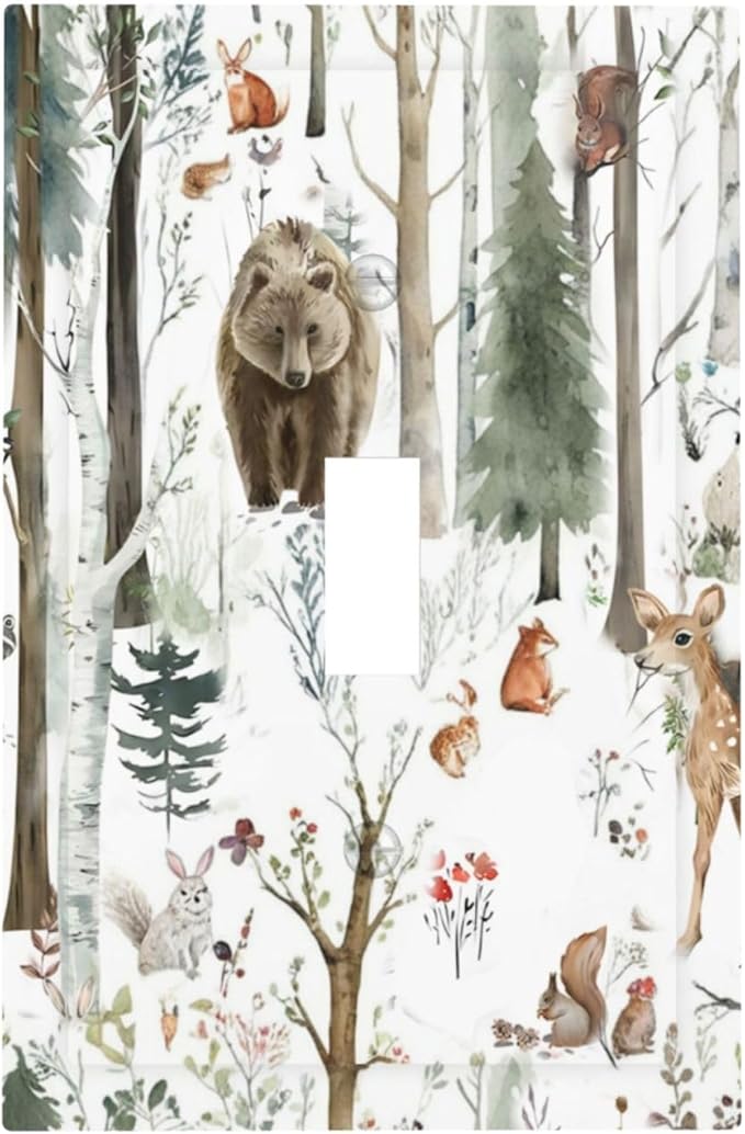 Snow Bear Fox Deer Forest Squirrel Wild Life Animal Decorative Light Switch Cover 1 Gang Single Toggle Device Electrical Faceplate Switchplates Decorator Outlet Wall Plate for Farmhouse Kids Room