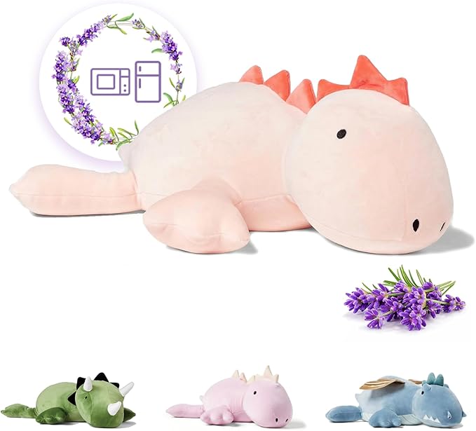 OSOCU® Microwavable Heating Pad Pink Stegosaurus Plush - 1.4 Lb Weighted Stuffed Animal Toy with Tourmaline Beads & Lavender - 16" Squished Long Dinosaur Pillow - Lumbar Back Cushion Lasting Warmth