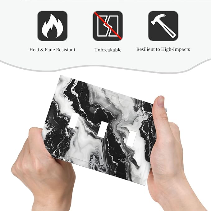 Ink Painting Marble Black White Abstract Luxurious Print Decorative Switch Plates 3 Gang Wall Plate Triple Toggle Light Switch Cover Faceplate Electrical Wall Panels for Kitchen Office Decor