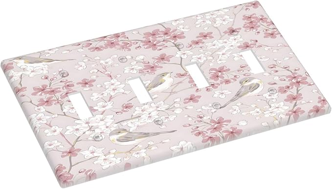 Pink Sakura Cherry Blossom Vintage Bird Floral Flower Light Switch Covers Quad Toggle Electrical Faceplate 4 Gang Wall Plate Decorative Switch Plates Cover for Bedroom Living Room Decor