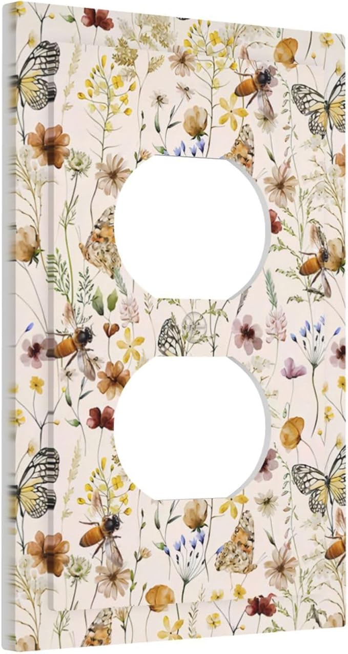 Vintage Butterflies 1 Gang Outlet Plate Duplex Decorative Colorful Wildflower Art Outlet Covers Cute Bees Electrical Receptacle Lightswitch Faceplate Beige Flower Leaves Dimmer Decor