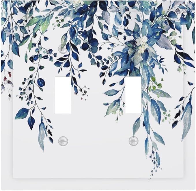 Blue Eucalyptus Watercolor Leaves Double Toggle Light Switch Cover Decorative Green Plant 2 Gang Wall Plate Electrical Faceplate Switchplate for Kidroom Bathroom Bedroom Living Room Decor