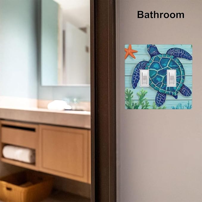 Sea Turtle Starfish 2-Gang Double Toggle Switch Plate, Ocean Marine Wall Plate for Beach House, Bathroom & Coastal Home