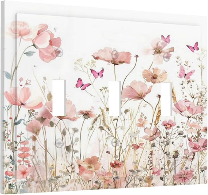 Boho Floral Watercolor Pink Wildflower Butterfly Decorative Switch Plates 3 Gang Wall Plate Triple Toggle Light Switch Cover Faceplate Electrical Wall Panels for Bedroom Living Room Decor