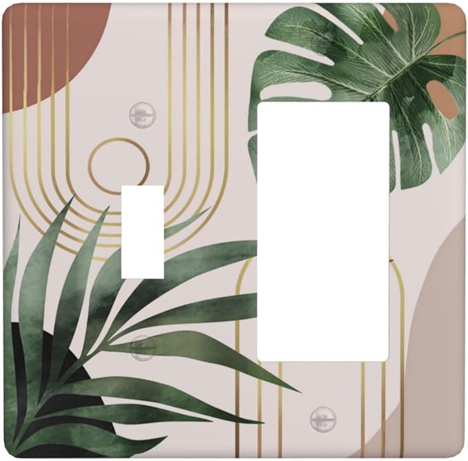 Vintage 70S Mid Century Boho Decorative Single Toggle/Rocker Combo Light Switch Cover 2-Gang Palm Leaf Abstract Art Electrical Wall Plate Double Combination Switch Decorator GFCI Receptacle Cover