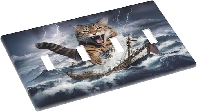 Decorative Light Switch Plate Covers Funny Cat Sea Ship Ocean Billow Wave Novelty 4 Gang Wall Plate Switch Cover Plate Quad Toggle Jumbo Electrical Faceplate for Kitchen Decor