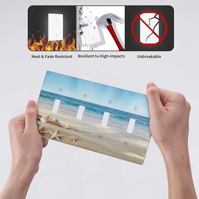 Light Switch Cover Summer Beach Starfish Shells 4 Gang Switch Plate Covers Quad Toggle Wall Plates Decorative Switchplate Electrical Faceplate for Bathroom Home Decor