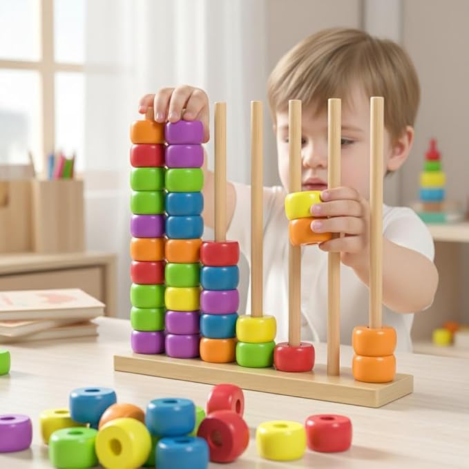 Color Stack Challenge, Wooden Color Matching Stacking Puzzle Game, Color Recognition Sensory Tabletop Brain Teaser Educational for Ages 3 and Up Boys Girls Gift