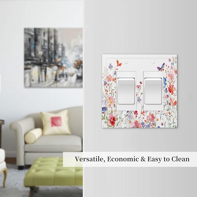 Colorful Flower Watercolor Floral Butterfly Bird Decorative Outlet Covers 2 Gang Double GFCI Rocker Electrical Wall Panels Light Switch Cover Plate for Bedroom Living Room Decor