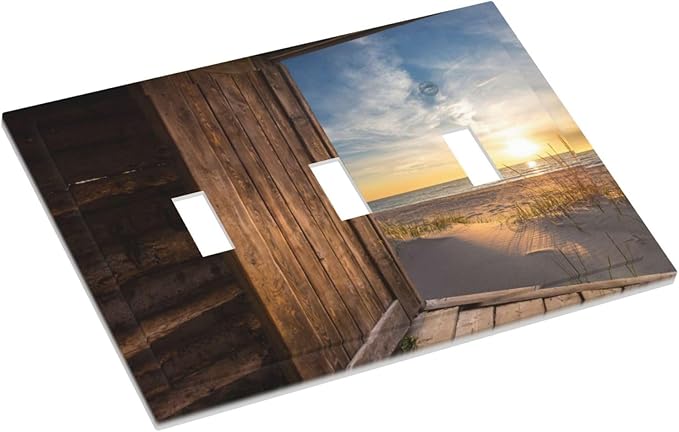Sun Beach Grass Ocean Landscape Triple Toggle Light Switch Cover 3 Gang Wall Plate Decorative Farmhouse Western Brown Barn Door Electrical Facplate for Bathroom Kitchen Home 6.7" x 4.8"