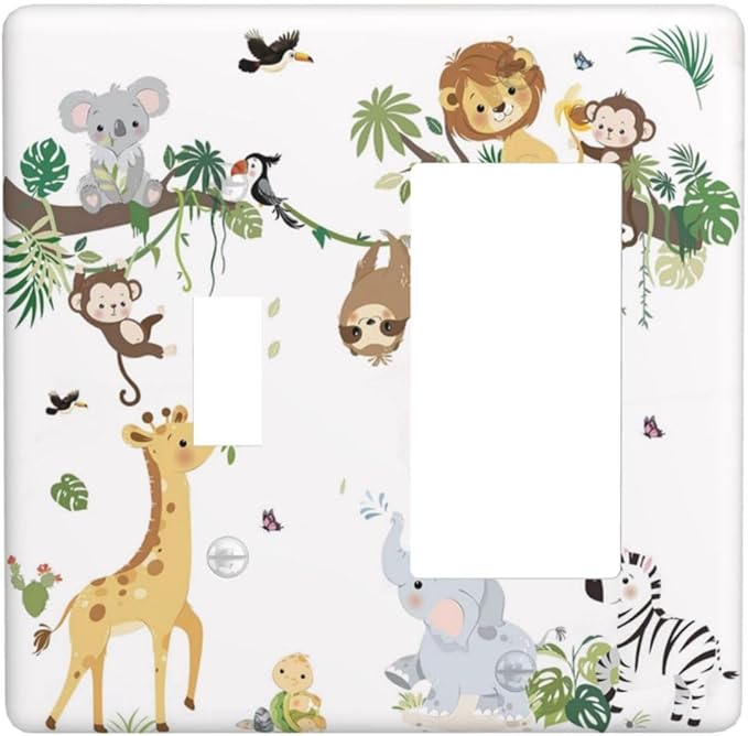 Jungle Animals Tree Branch Monkey Giraffe Lion Elephant Outlet Covers 1 Toggle 1 Rocker Combination Decorative Wall Plate Electrical Switch Plates Light Switch Cover Plate for Kids Room Nursery Decor