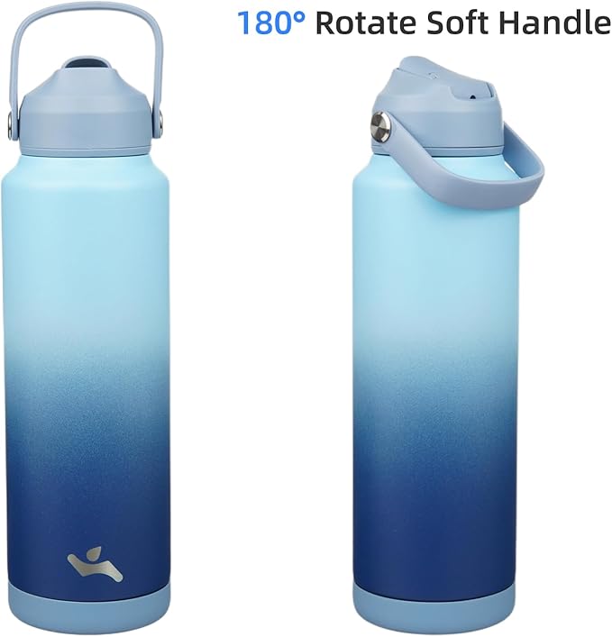 Konokyo Insulated Water Bottle with Straw Lid,40 oz Stainless Steel Vacuum Metal Bottle with Silicone Handle, Sky