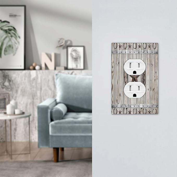 Rustic Western Wood Barn Door Horseshoe Iron Star Single Duplex Wall Plate Covers Light Switch Cover 1 Gang Outlet Plate Decorative Switchplate Covers Electrical Faceplate for Farmhouse Bedroom