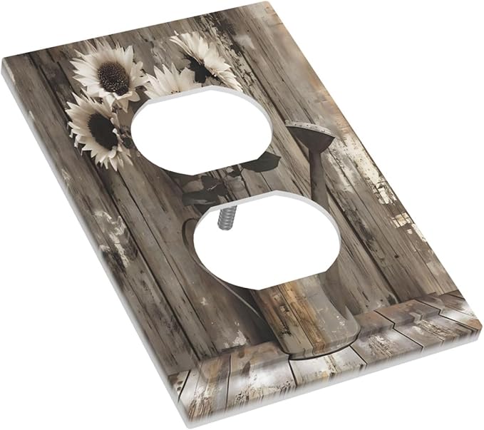 Rustic Floral Country Sunflower Daisy Old Wooden Boards Outlet Covers 1 Gang Duplex Light Switch Cover Decorative Switch Plates Electrical Receptacle Faceplate Wall Plate for Farmhouse Home Decor