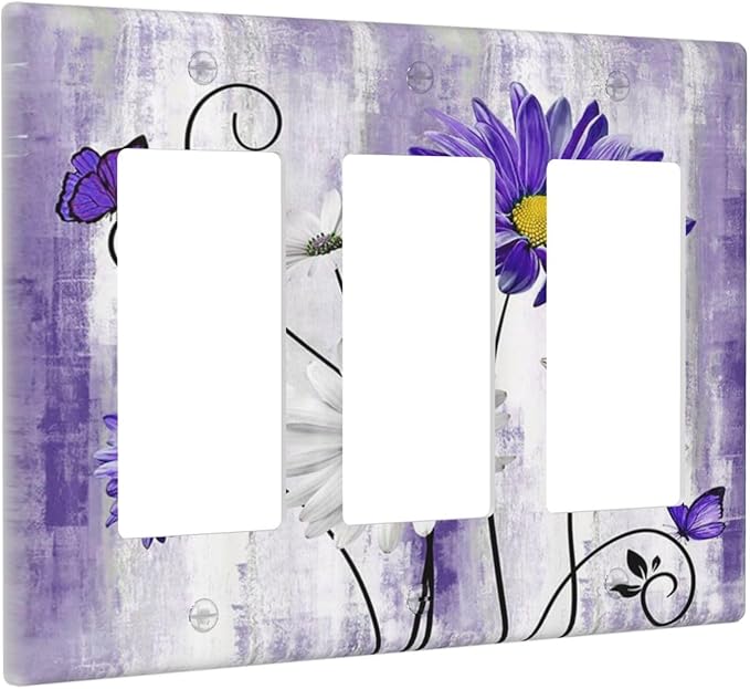 Decorative Outlet Covers Rustic Purple Daisy Butterfly Boho White Floral 3 Gang Wall Plate Cover Triple Rocker Decora Light Switch Covers Plate Jumbo Electrical GFCI Switch Plate Cover