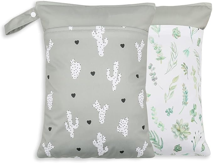 2 Pack Wet Dry Bags for Baby Cloth Diapers&Breast Pump Parts, Waterproof Reusable Wet Bag with Two Zippered Pockets & Handle, Beach Pool Gym Bag Stroller Yoga Toiletries Daycare Organizer for Swimsuit Wet Clothes, 11.8 inch x 15.7inch