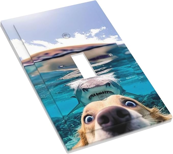 Decorative Light Switch Plate Covers Angry Shark Chased Funny Dog Underwater Sea 1 Gang Wall Plate Single Toggle Switch Cover Plate Jumbo Electrical Switchplate Receptacle Faceplate