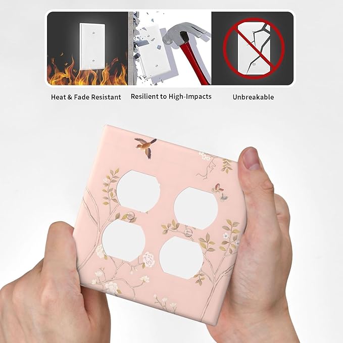Pink Background Flowers Bird Butterflies Floral Outlet Covers 2 Gang Double Duplex Decorative Light Switch Covers Electrical Wallplates Socket Faceplate for Bedroom Living Room Decor