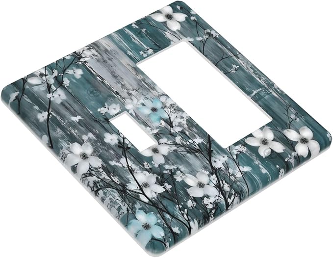 Rustic Blue Watercolor Flower Wooden Background Outlet Covers 1 Toggle 1 Rocker Combination Decorative Wall Plate Electrical Switch Plates Light Switch Cover Plate for Bedroom Living Room Decor