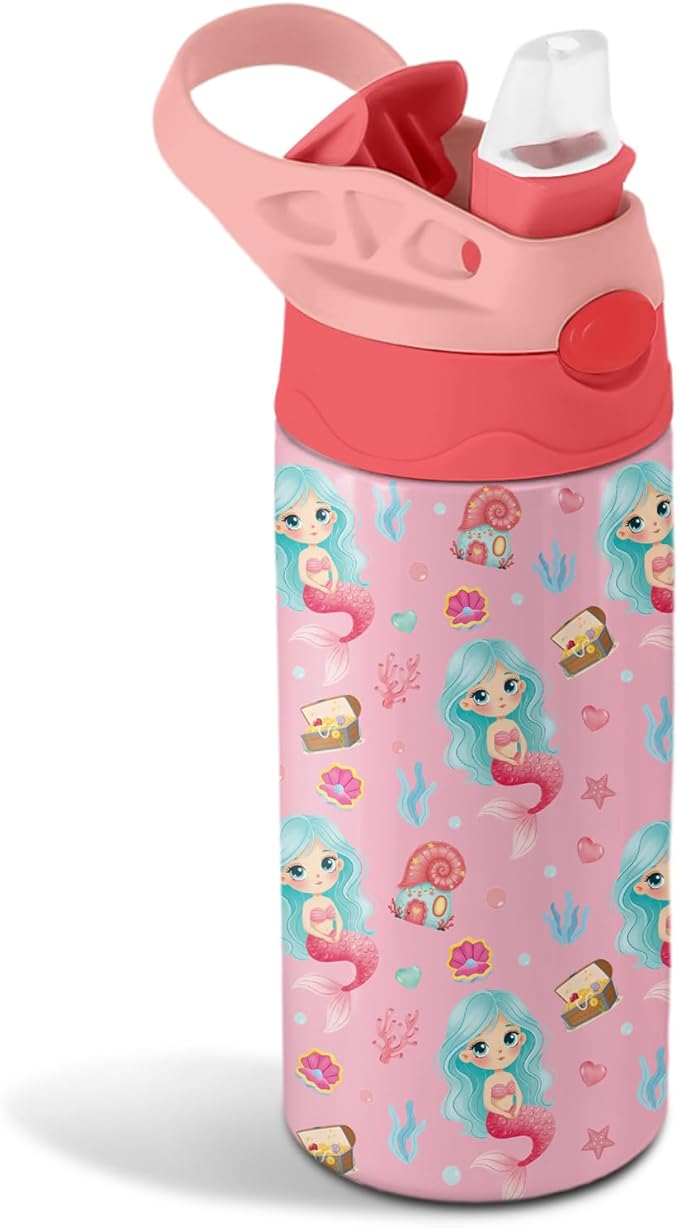 Mermaid Water Bottle for Kids - 12oz Sea Kids Water Bottle with Straw, Stainless Steel Tumbler, Insulated, Leak-proof, BPA-free, Pop-up Straw Lid, for School - Children Birthday Gift Cup(1pc)