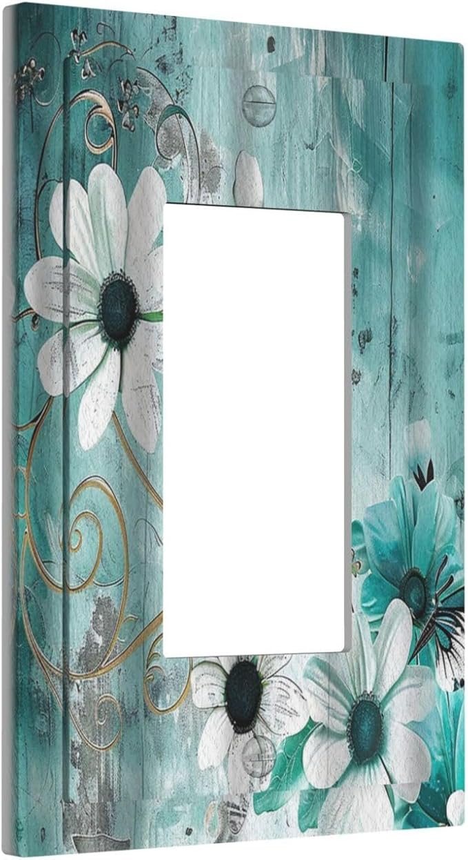 Decorative Outlet Covers Turquoise Flowers and Butterflies Rustic Teal White Floral 1 Gang Single Decora GFCI Device Light Switch Cover Plate 1 Rocker Wall Plate Jumbo Switch Plate Cover
