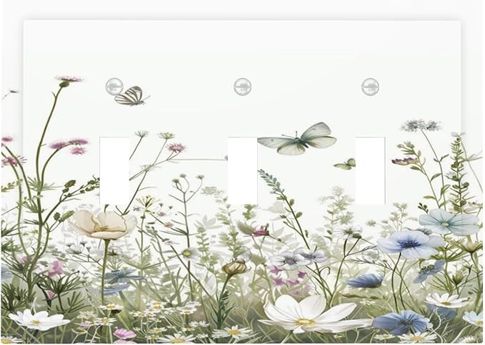 Colorful Wildflowers Daisy Plant Butterfly Floral Decorative Switch Plates 3 Gang Wall Plate Triple Toggle Light Switch Cover Faceplate Electrical Wall Panels for Bed Room Living Room Decor