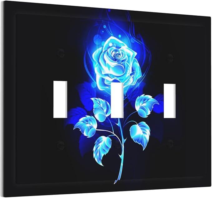 Blue Golden Rose Flower 3 Gang Light Switch Plate Decorative Triple Toggle Wall Plate Cover Electrical Faceplate for Bathroom Home Living Room Decorate