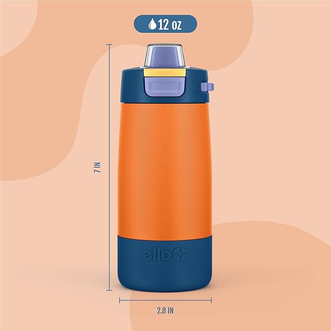 Ello Kids Colby 12oz Stainless Steel Insulated Water Bottle with Straw and Built-In Silicone Coaster Carrying Handle and Leak-Proof Locking Lid for School Backpack, Lunchbox, and Outdoor Sports