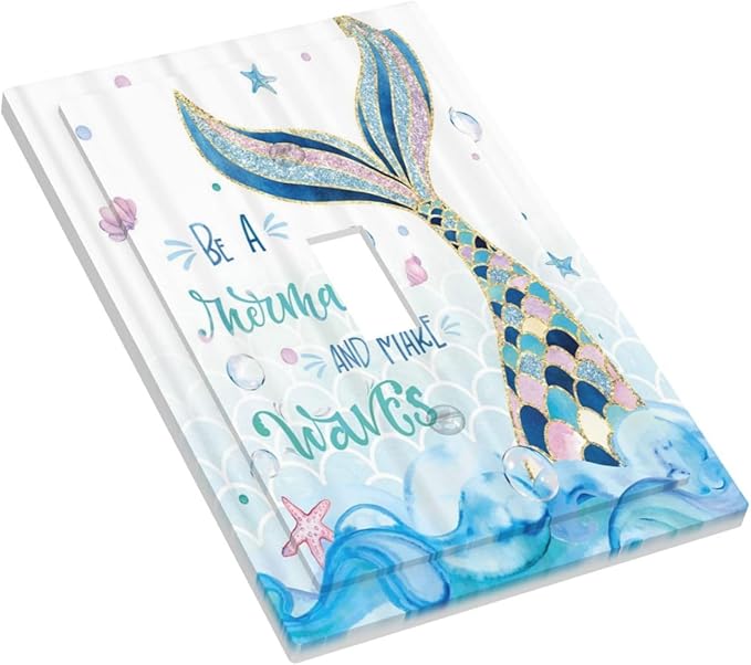 Mermaid Ocean Blue Waves Kids Girl 1 Gang Light Switch Covers Decorative Single Toggle Wall Plate Switchcover Electrical Switchplate for Kidroom Bathroom Bedroom Decor