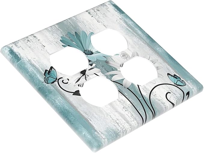 Decorative Light Switch Cover Plate Teal Daisy Floral Butterfly Vintage Wood 2 Gang Decorative Switch Plates 1 Toggle Duplex Combo Outlet Covers GFCI Plug Covers Wallplates for Bathroom Bedroom Decor