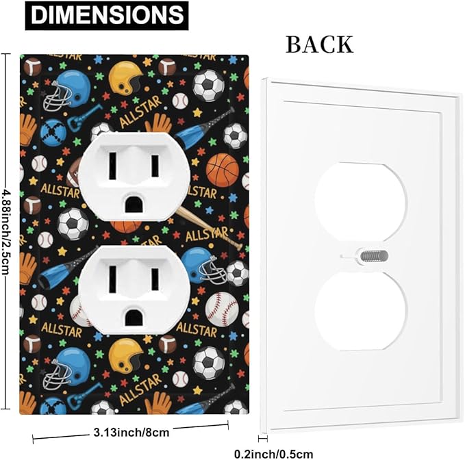 All Star Sports Duplex Wall Plate - 1-Gang Standard US Size Multi-Sport Outlet Covers, Football Baseball Basketball for Kids Room Decor