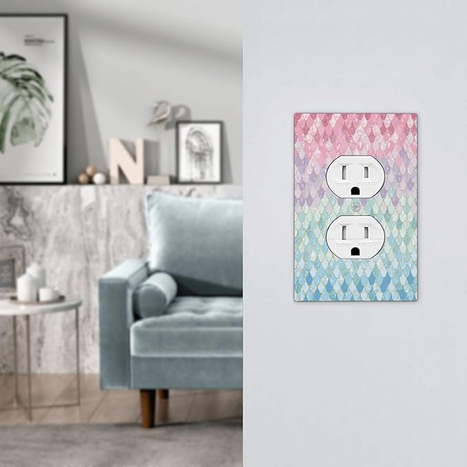 Colorful Mermaid Scales 1 Gang Outlet Plate Covers Decorative Single Duplex Wall Plate Electrical Receptacle Light Switch Cover Art Faceplate Switchplate for Girls Bedroom Nursery Living Room Decor