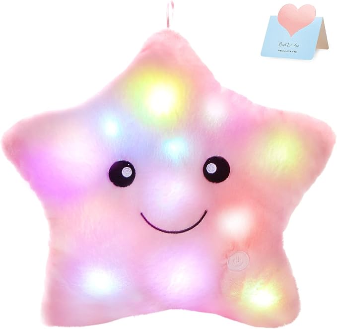 WEWILL 13'' Creative Twinkle Star Glowing LED Night Light Plush Stuffed Animals Toys Birthday Christmas Holiday Valentines Gifts for Toddlers Girls(Pink)