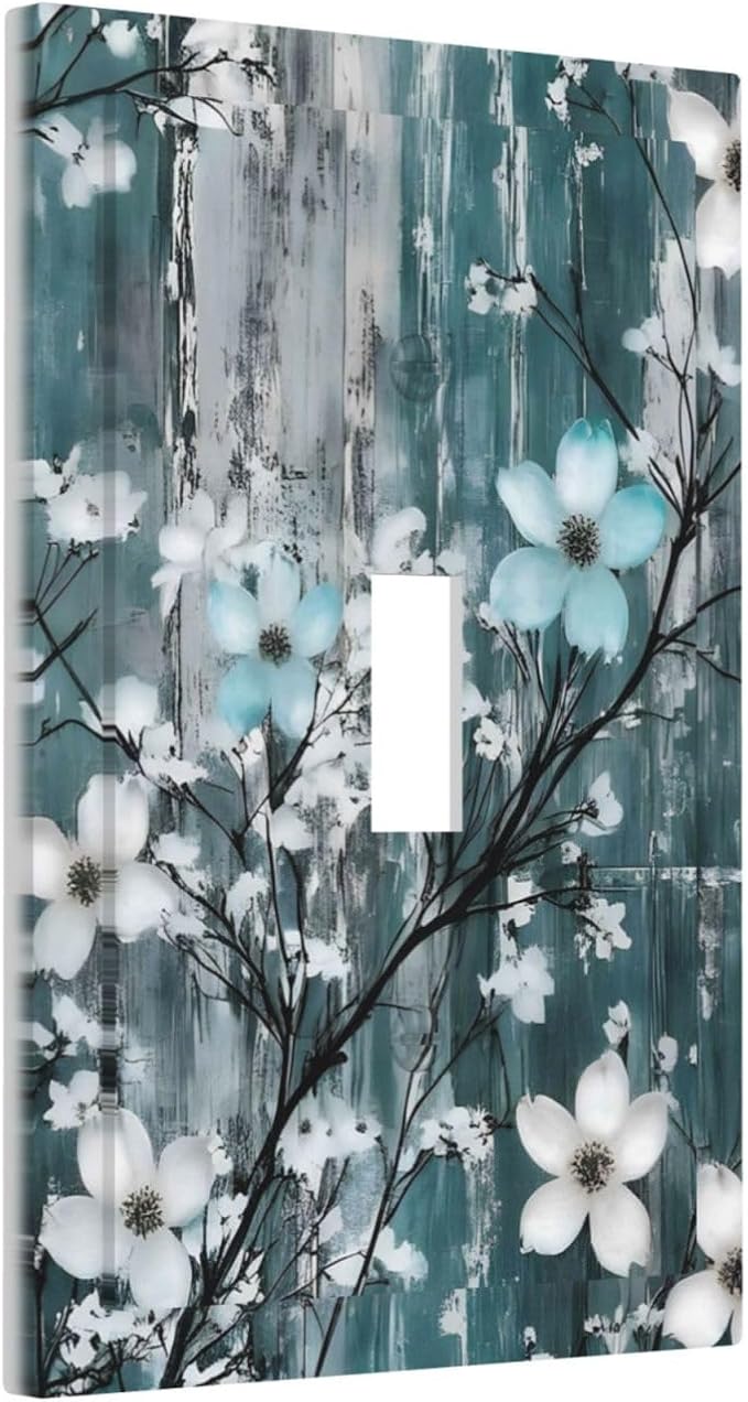 Rustic Blue Watercolor Flower Wooden Background Decorative Light Switch Cover 1 Gang Single Toggle Device Electrical Faceplate Switchplates Decorator Outlet Wall Plate for Bedroom Living Room Decor