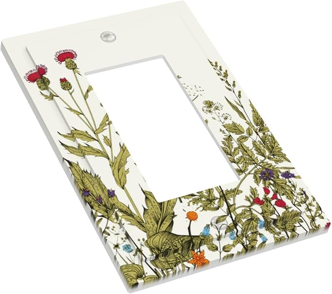 Country Wild Flower Decorative 1 Gang Single Decorator GFCI/Rocker Wall Plate Spring Blossom Botanical Sage Herbs Border Vintage Floral Electrical Receptacle Outlet Light Switch Cover for Dimmer, USB