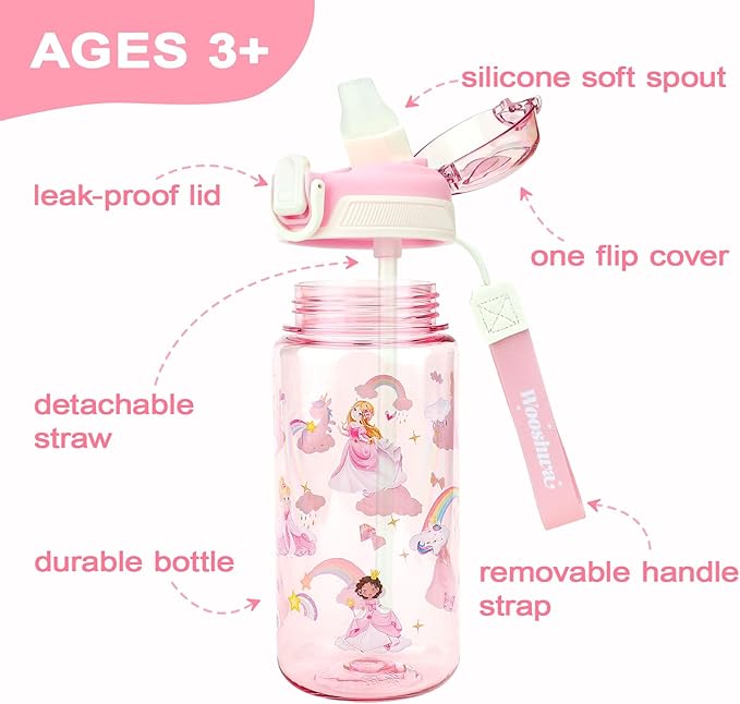 Kids Water Bottle for School or Travel, 20 Oz Durable Plastic Water Bottle with Silicone Straw and Pop-Up Spout Cover, BPA Free & Dishwasher Safe(Princess)