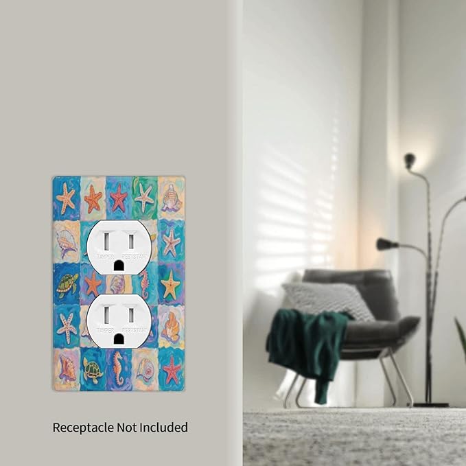 Sea Turtle Starfish Ocean Single Duplex Receptacle Outlet Cover Wall Plate Decorative 1 Gang Light Switch Covers Electrical Switchplate Home Decorate Faceplat for Bathroom Bedroom Kitchen Room