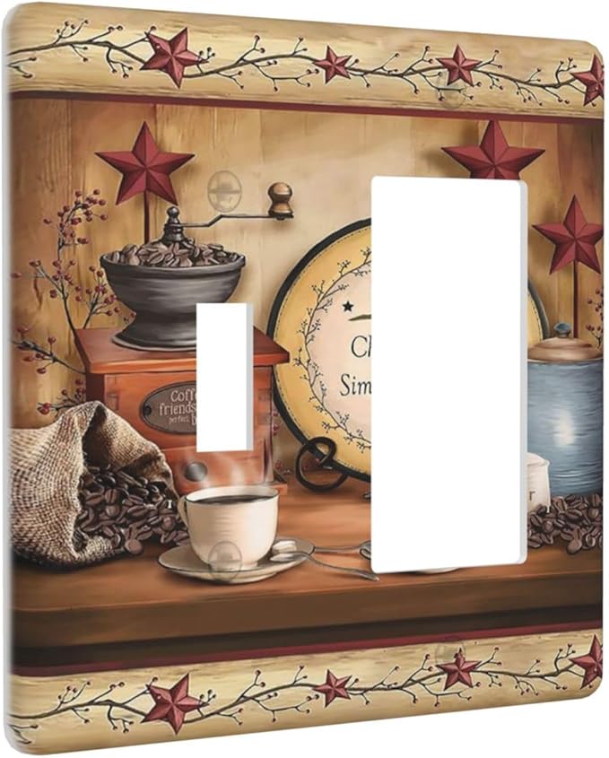 Retro Kitchen Western Cabin Coffee 2 Gang Combination 1-Toggle 1-Decorator/Gfci Device Wall Plates Old Country Life Texas Star One Rocker with Toggle Combo Light Switch Plates and Socket Outlet Covers