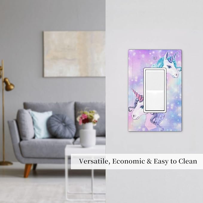 Cartoon Kids Girls Girly Fantasy Cute 1-Gang Decorator Rocker Outlet Light Switch Cover Purple/Blue Rainbow Unicorn Princess Decorative Single Device GFCI Receptacle Switch Wall Plate Dimmer Mid Size