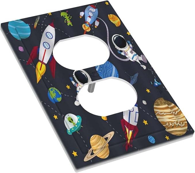 Rocket Planets Astronaut Blue Decorative 1 Gang Single Duplex Light Switch Plate Outlet Cover Decorative Wall Plate Switchplate Electrical Faceplate for Nursery Kidsroom Bedroom Decor