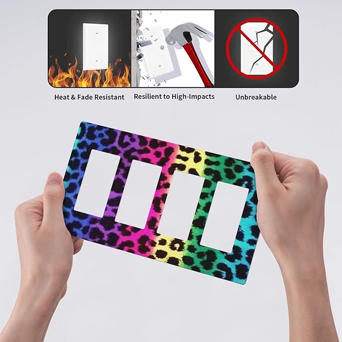 Rainbow Leopard 4 Gang Quad Rocker/GFCI Light Switch Wall Plate Cover Plate Decorative Electrical Faceplate for Colourful Leopard Bathroom Room Decorate Jumbo Size Screwless 8.3" x 4.6