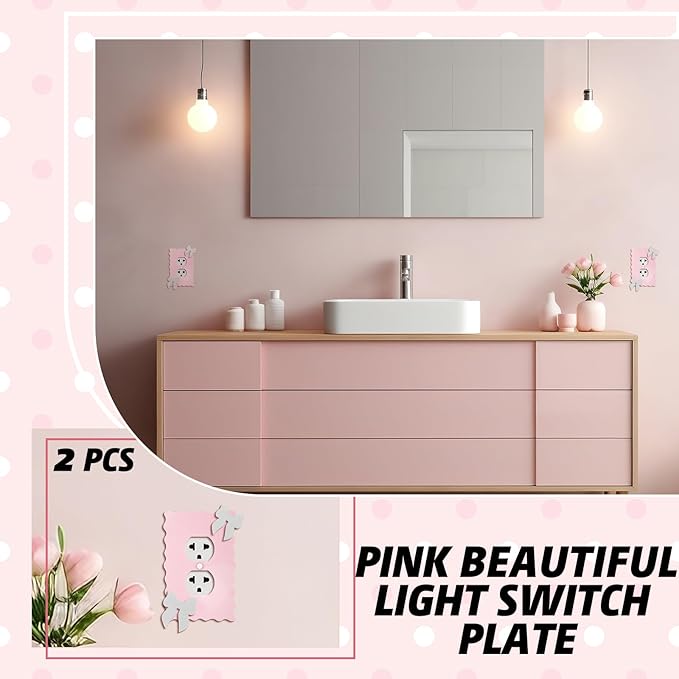 Relaxweex 2 Pcs Pink Bow Light Switch Cover Wall Plate Room Decor Metal Toggle Pink and White Cute Decorative Outlet Cover for Bedroom Home Decor (Round Hole)