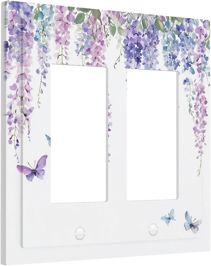 Decorative Outlet Covers Purple Flowers Watercolor Floral Butterflies 2 Gang Double Gfci Rocker Electrical Wall Panels Light Switch Cover Plate For Bed Room Living Room Decor