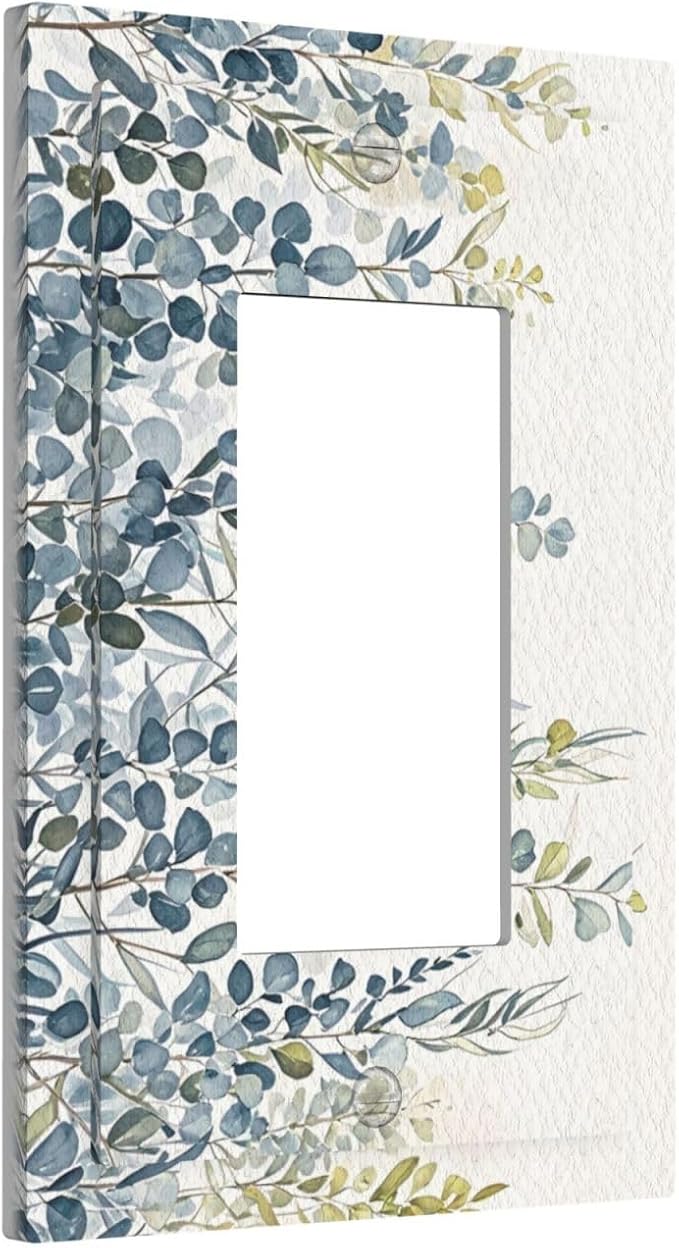Decorative Light Switch Cover Plate with Green & Blue Watercolor Eucalyptus Botanical Foliage Design 1 Gang Rocker Outlet Covers Single Decora Gfci Device Wall Plate for Living Room