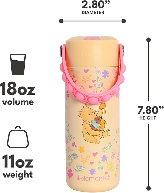Elemental Insulated Kids Water Bottle, Stainless Steel Water Bottle with Straw Lid & Pop-It Handle, Leak-Proof Water Bottles for School, Boys or Girls, Travelling and Sports, 18oz - Classic Pooh