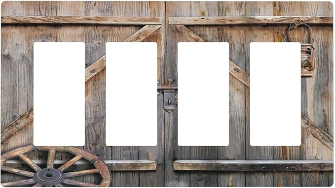 Wood Garage Barn Door Cabin 4 Gang Quad Rocker/GFCI/Decorator Light Switch Cover Plate Decorative Electric Faceplate Decorative Switchplate Screwless