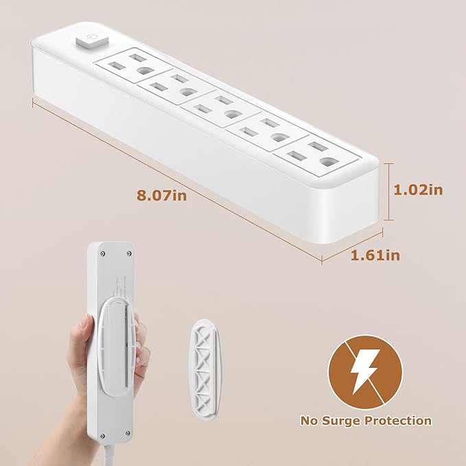 Terficer Outlet Cover Extension Cord 6 Feet, Ultra-Thin Outlet Concealer with Flat Plug Power Strip 5 AC Outlets, Childproof Flat Extension Cord Outlet Cover, 1875W for Kitchen, Home, Office
