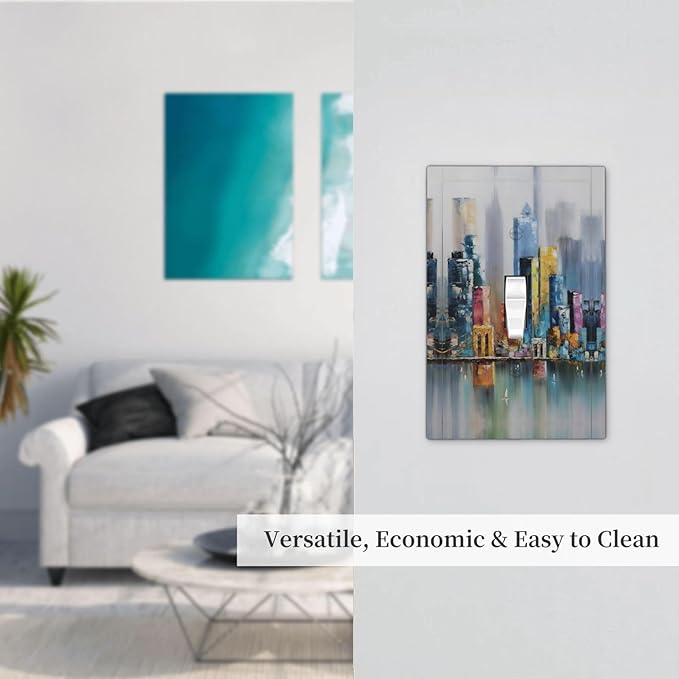 Colorful Nyc Skyline Textured Modern Abstract Decorative Light Switch Cover 1 Gang Single Toggle Device Electrical Faceplate Switchplates Decorator Outlet Wall Plate for Bedroom Living Room Decor