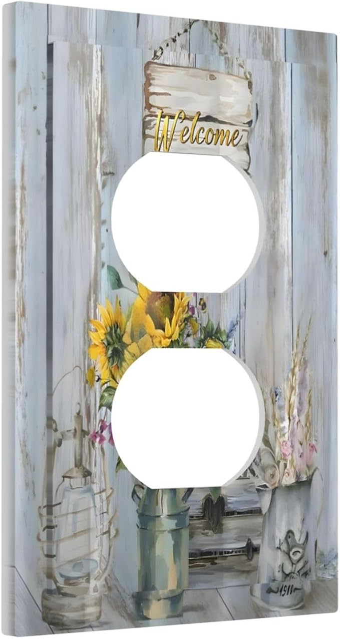Rustic Sunflower Floral Vintage Wood Board Outlet Covers 1 Gang Duplex Light Switch Cover Decorative Switch Plates Electrical Receptacle Faceplate Wall Plate for Farmhouse Home Decor